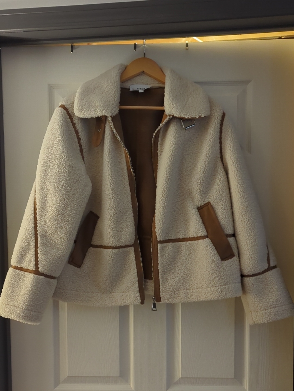 Cream Sherpa Jacket with Brown Trim - Women